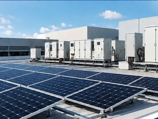 Rooftop solar panel array with inverter cabinets