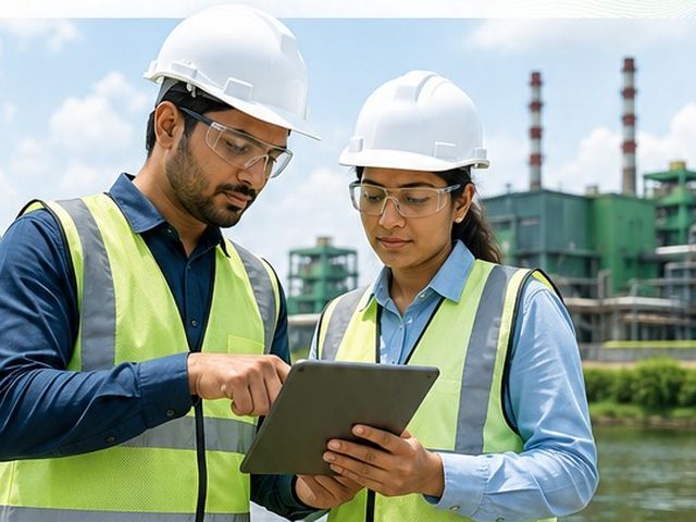 Two engineers in hi-vis vests reviewing a tablet on site